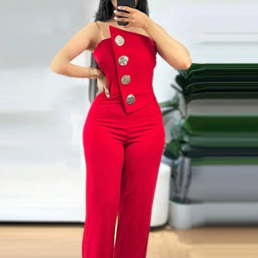 Red Elegant Women's Asymmetrical Bandeau Strapless Jumpsuit